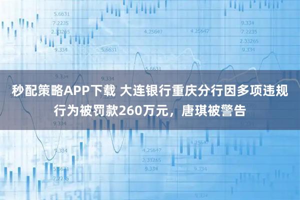 秒配策略APP下载 大连银行重庆分行因多项违规行为被罚款260万元，唐琪被警告
